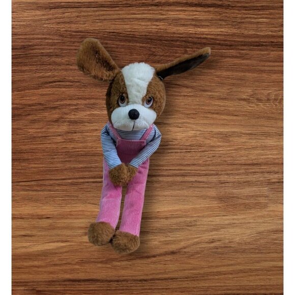 Vintage knee hugger Stuffed Dog Toy Pink Corduroy Overalls & Striped Shirt 15" - Picture 1 of 7